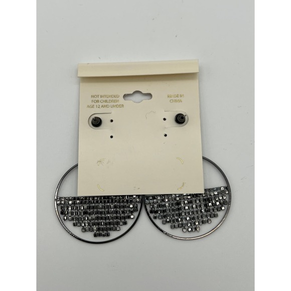 New Black Hollow Out Round & Rhinestone Hoop Earrings - Picture 4 of 4